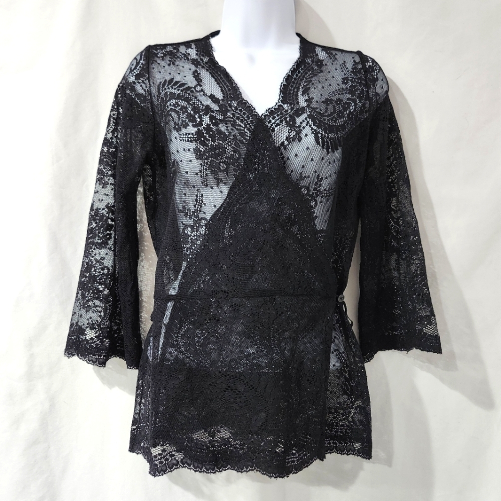 New York & Company Womens Wrap‎ Top Size S Black Lace Sheer Coquette Whimsigoth